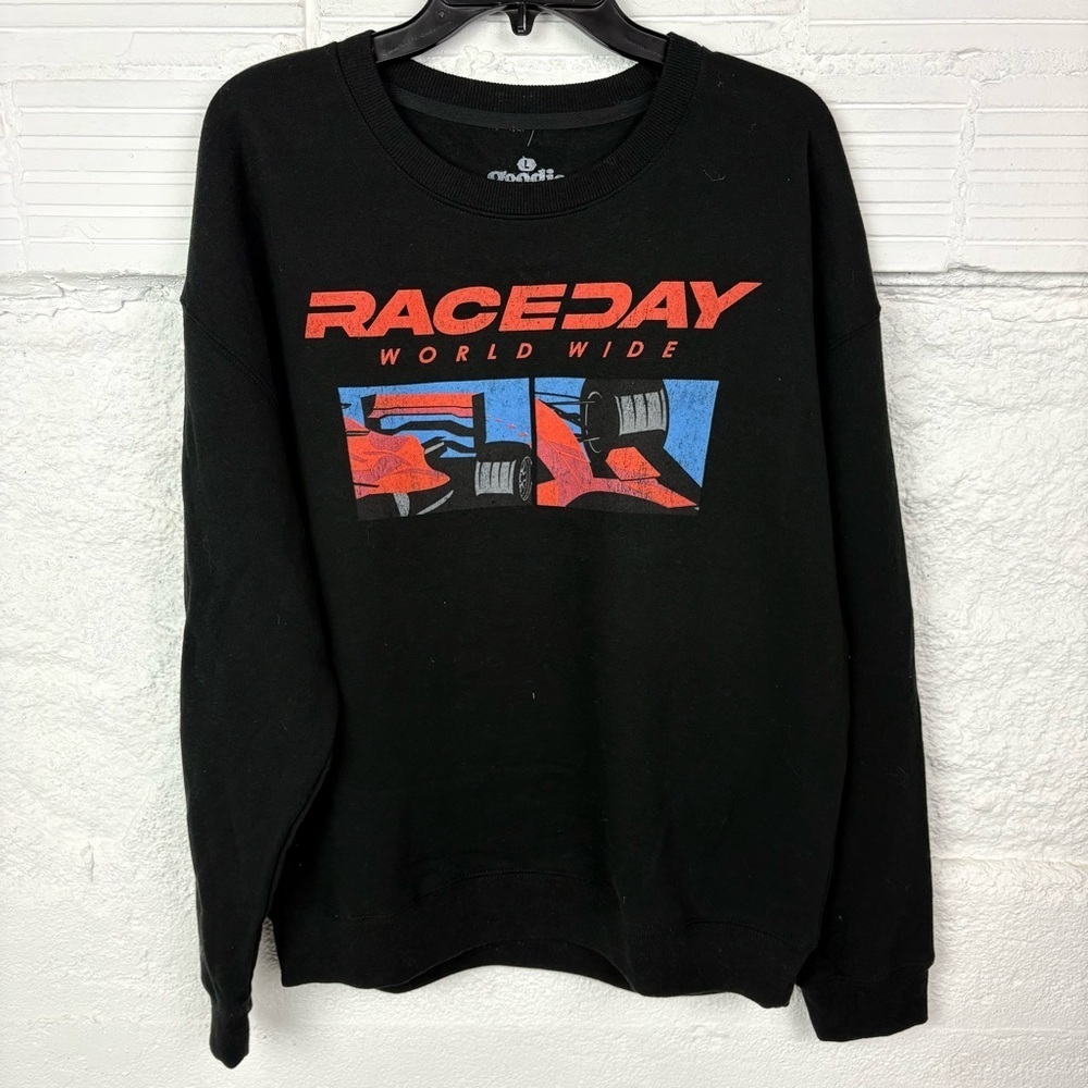NWOT GOODIE TWO SLEEVES Black race day world wide race car fleece Sweater SZ L - Picture 5 of 9